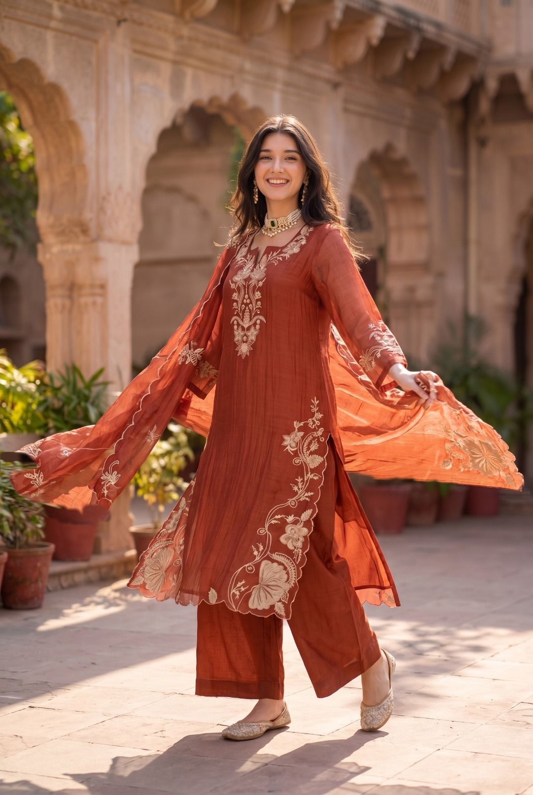 Pure banarasi mul chanderi with full thread work three piece set (S338)