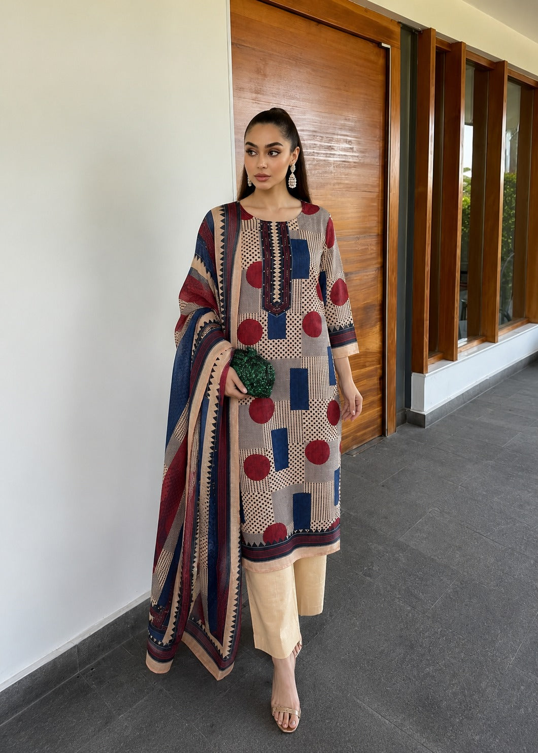 Smart cotton linen with placement print three piece set (S140)