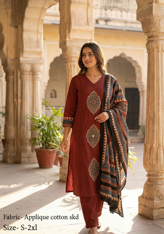 Pure cotton with applique work kalamkari dupatta three piece set (B127)