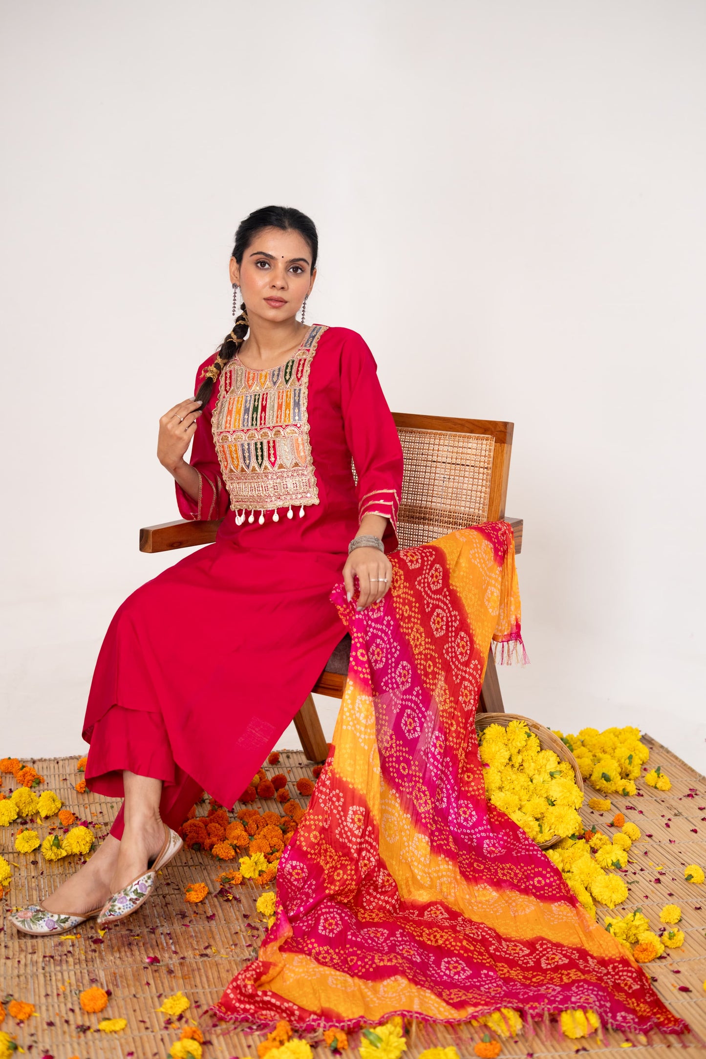 Red muslin with lining and bandani dupatta three piece set (A1003)