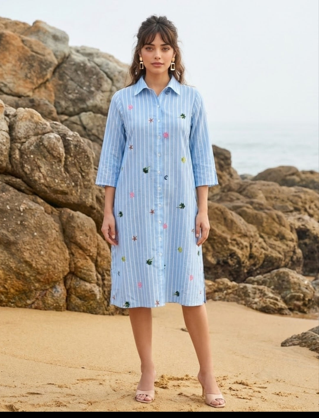 Cotton linen with thread work smart one piece dress (S210)