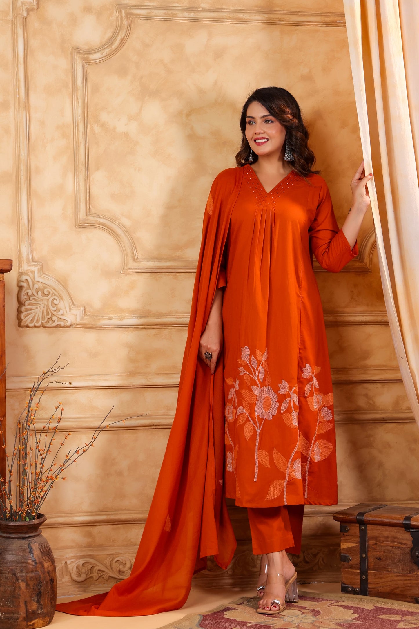 Orange hand weaved pure cotton three piece set (P2339)