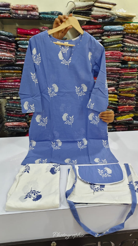 Pure cotton block print smart two piece cordset with sling bag (B869)