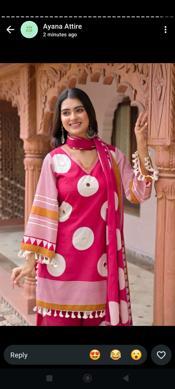 Pink pure cotton polka with farshi salwar smart three piece set (C290)