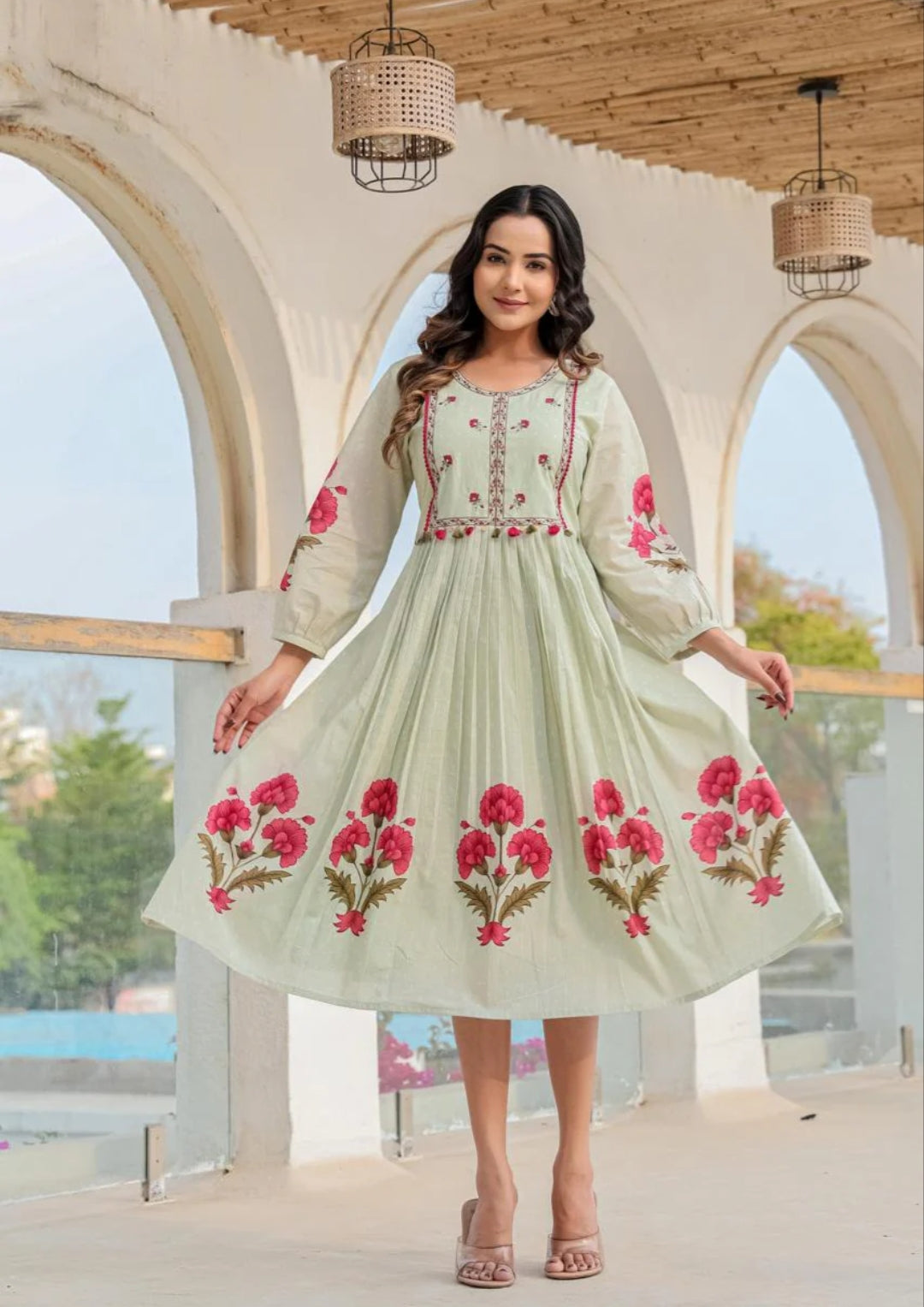 Light green with inner one piece block print dress (A117)