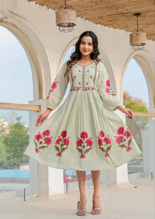 Light green with inner one piece block print dress (A117)
