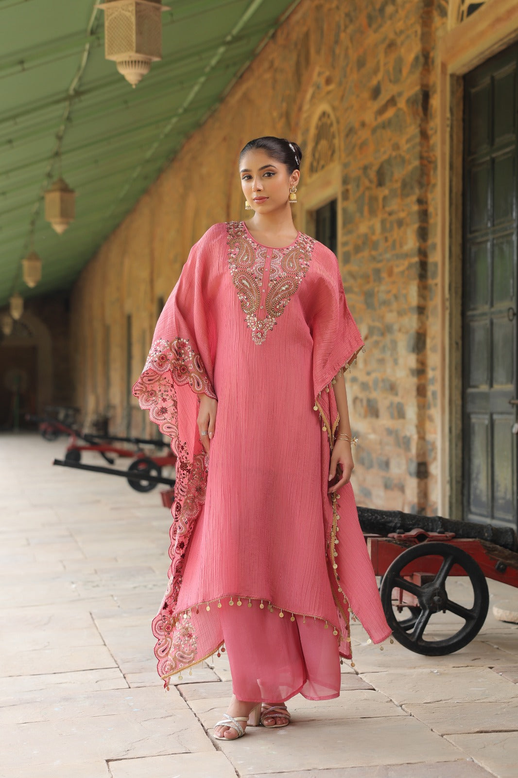 Blush pink pure curshed tissue with full parasi wark kaftan set (P917)