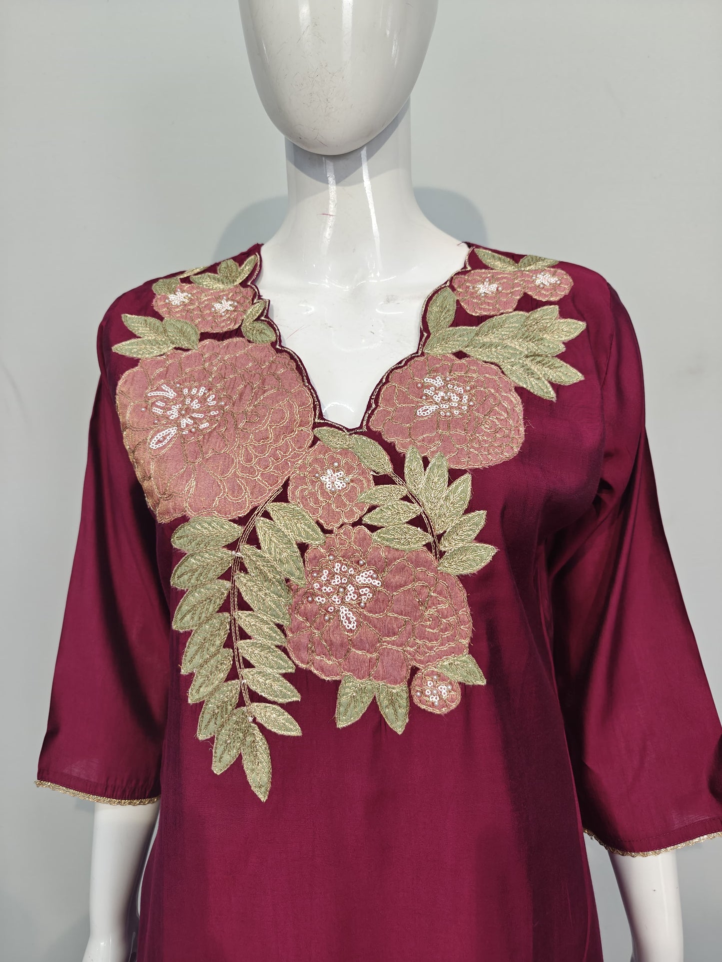 Wine pure mul silk with tissue dupatta three piece set (A949)