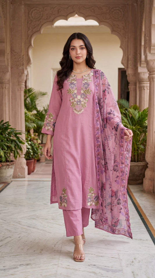 Crush cotton with lining fully embroidered and soft organza dupatta three piece set (B648)