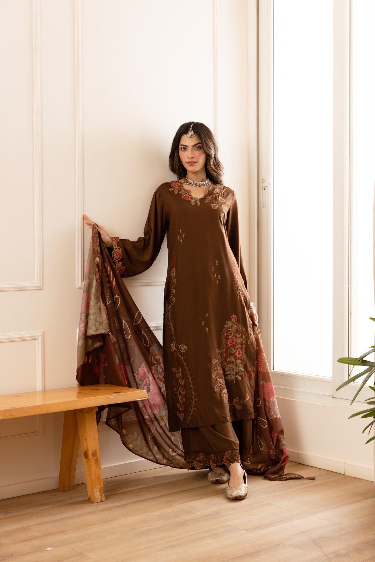 Cotton modal fully embroidered with printed dupatta three piece set (C801)