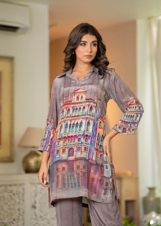Grey digital print pure crape two piece cordset (A703)