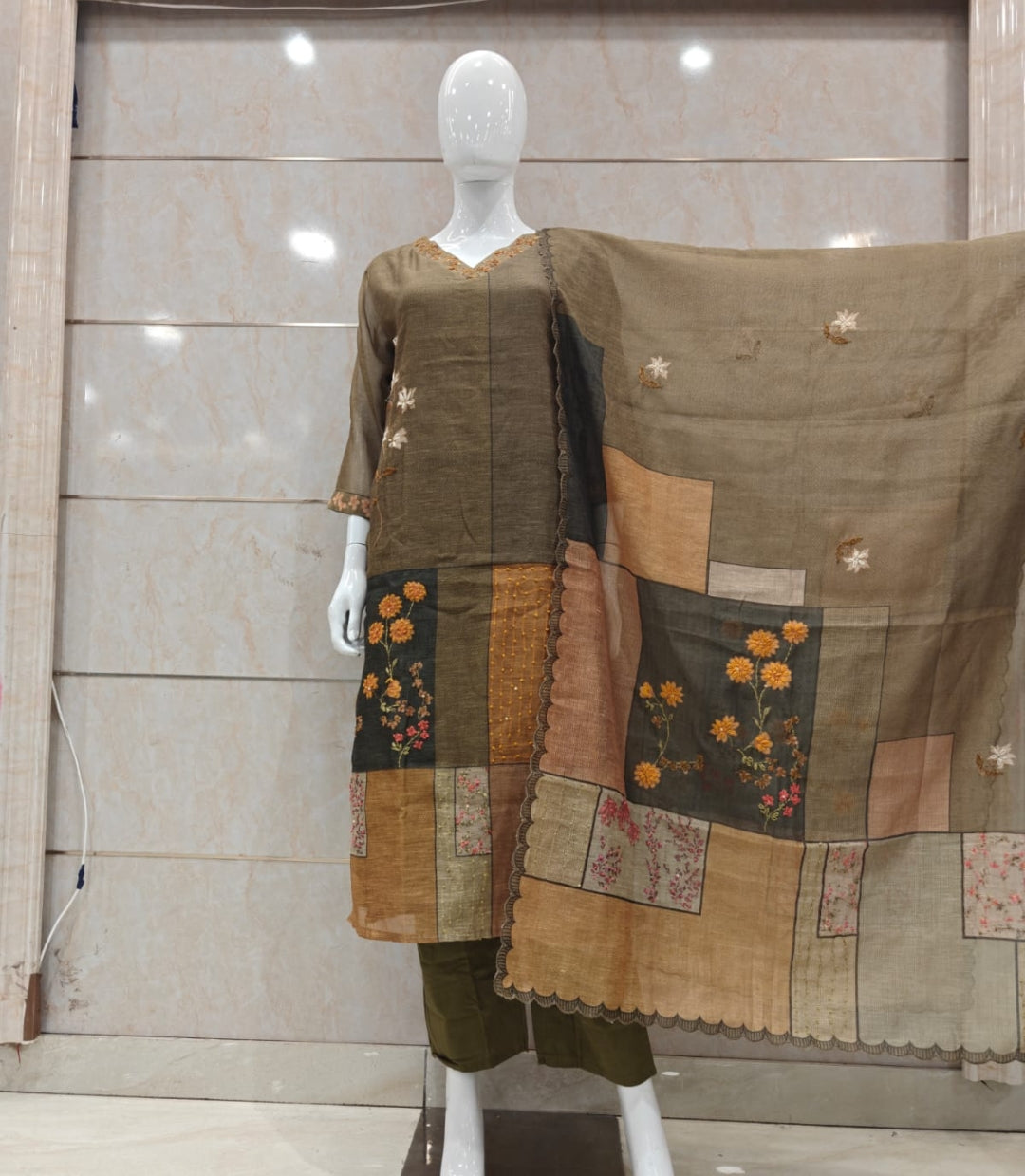 Cotton chanderi with gitten work three piece set (B636)