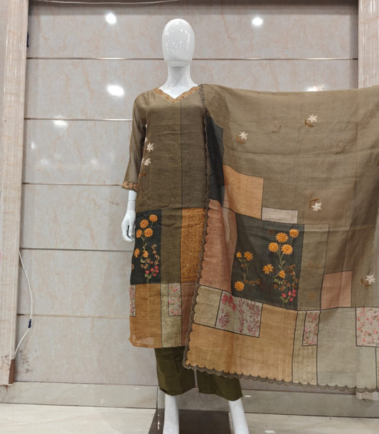 Cotton chanderi with gitten work three piece set (B636)