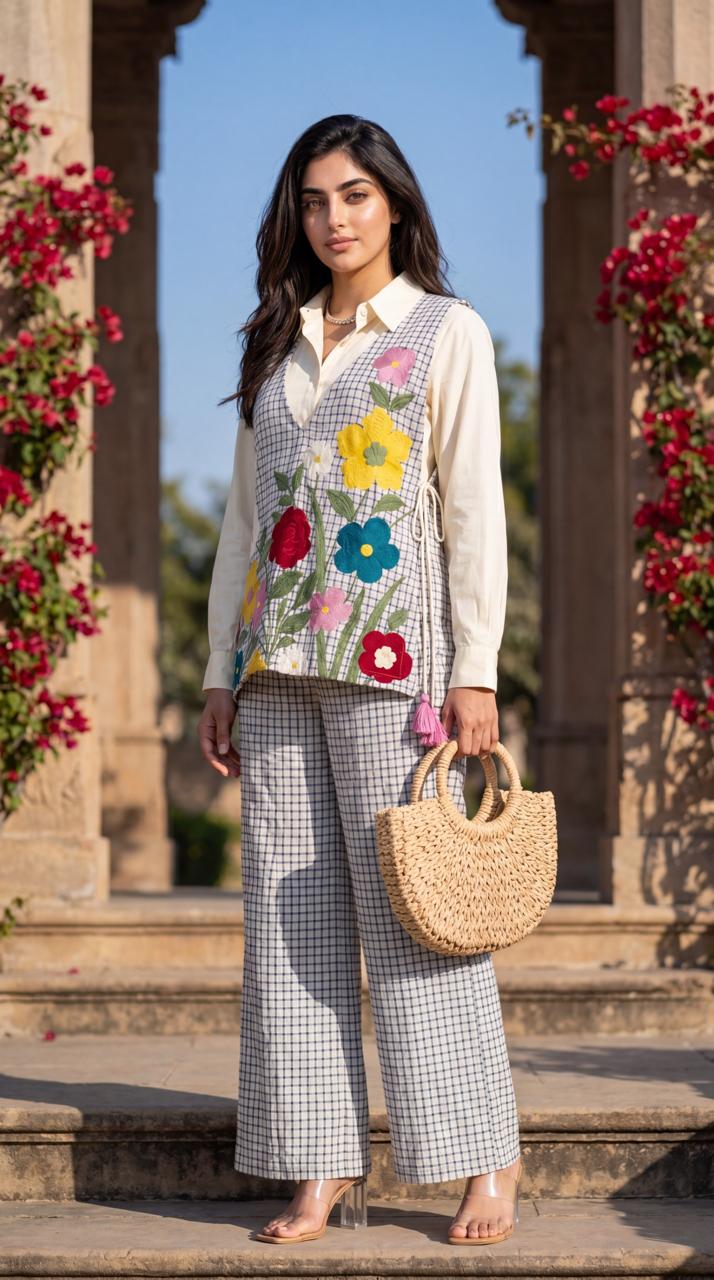 Matty check pure cotton smart three piece cordset (B856)