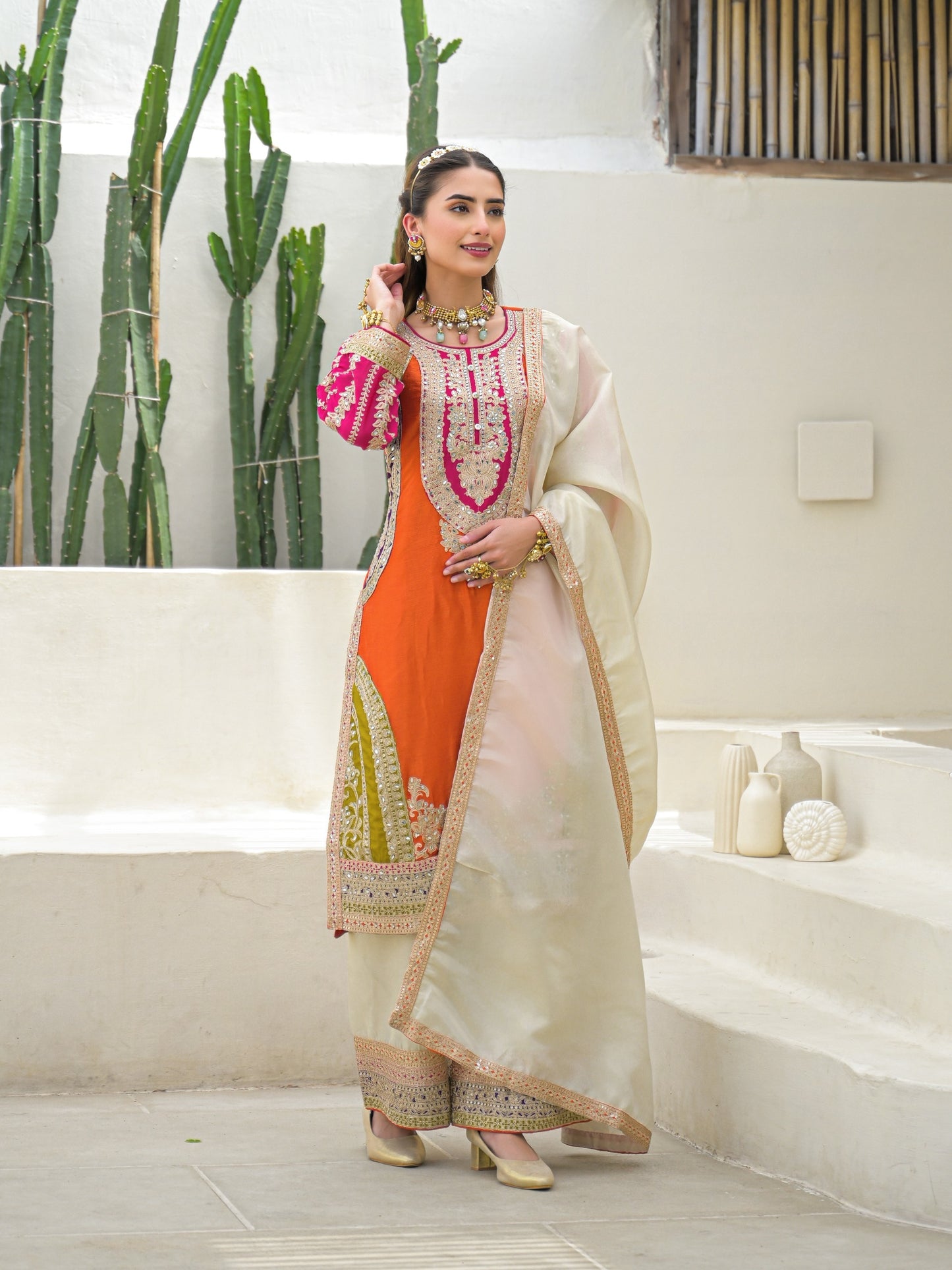 Pure chinnon full work orange based three piece set (A930)