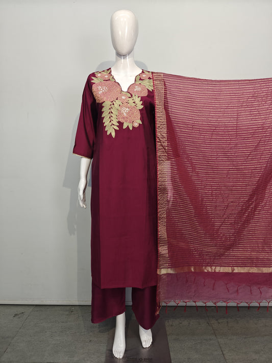 Wine pure mul silk with tissue dupatta three piece set (A949)