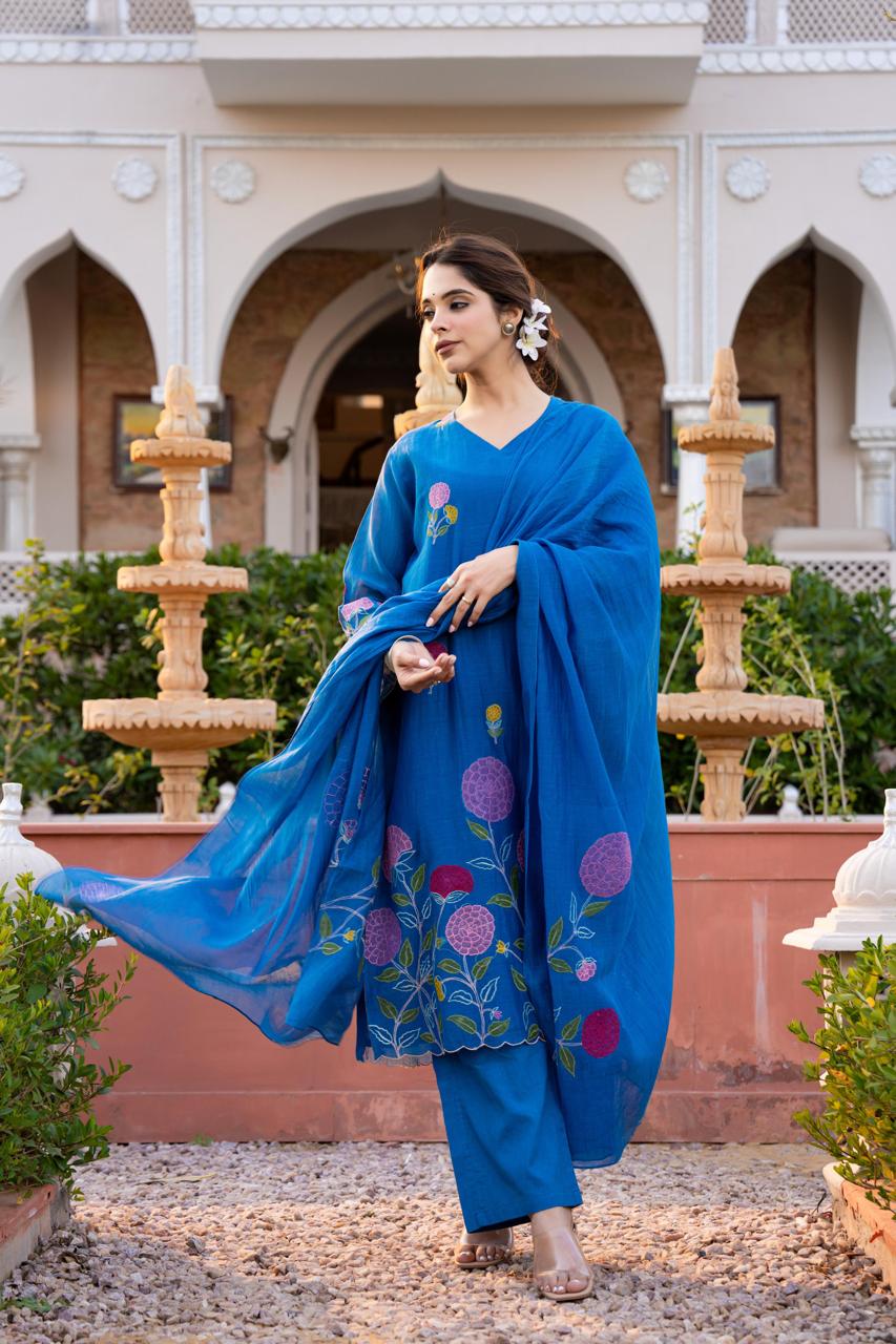 Royal blue pure mul chanderi with mul lining full thread work pakistani sleeves three piece set (P2163)