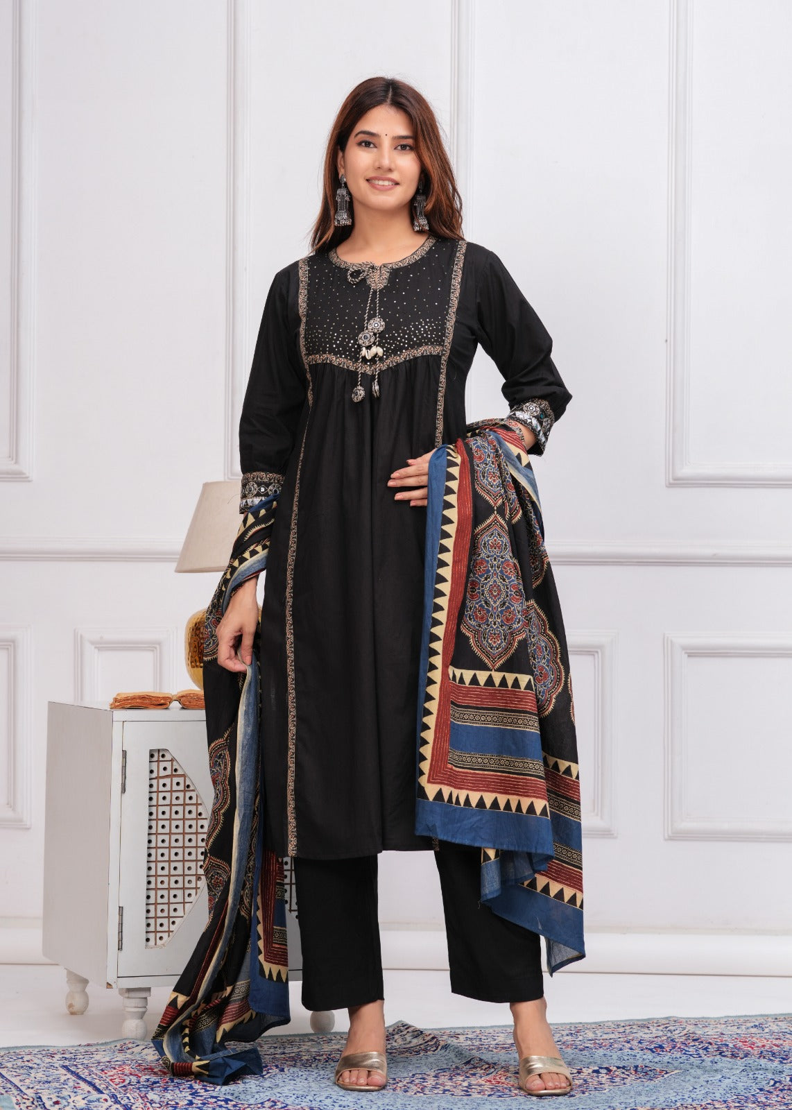 Black pure cotton with ajrakh dupatta three piece set (P831)