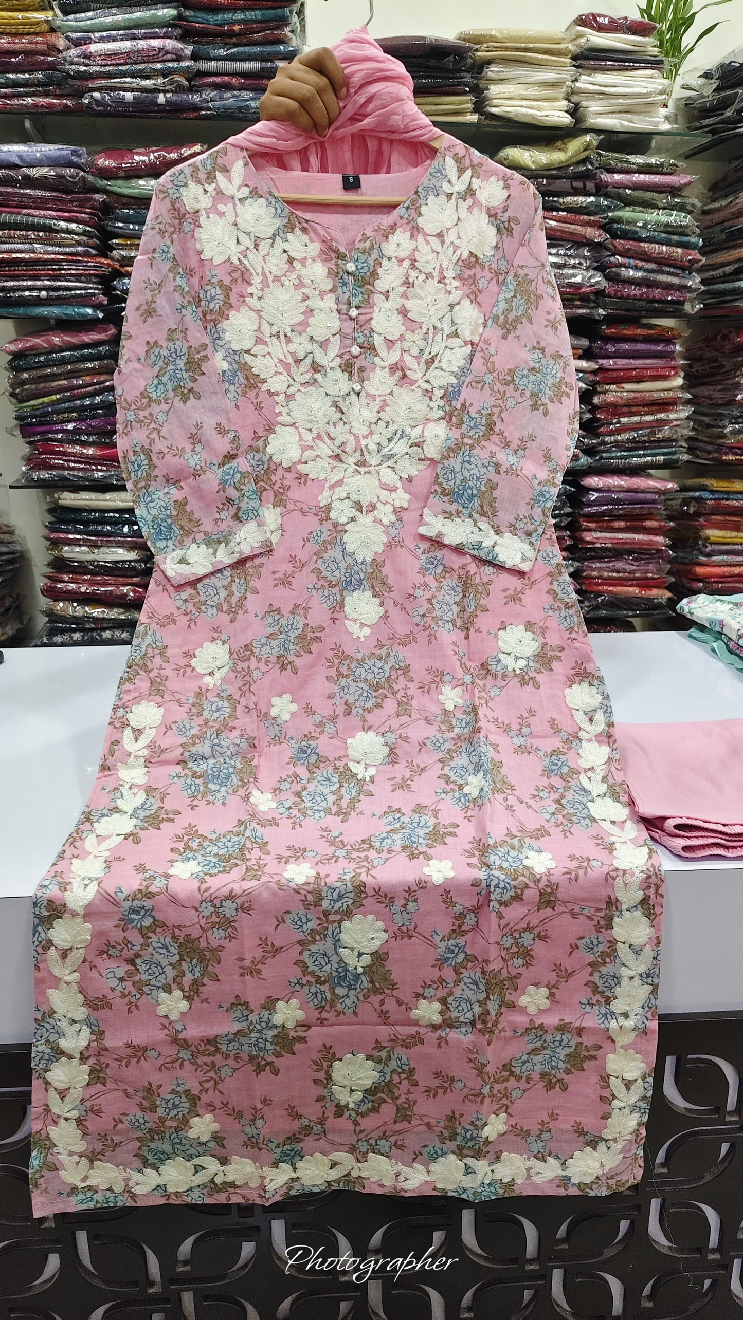 Pink  mul cotton with chikankari three piece set (C186)