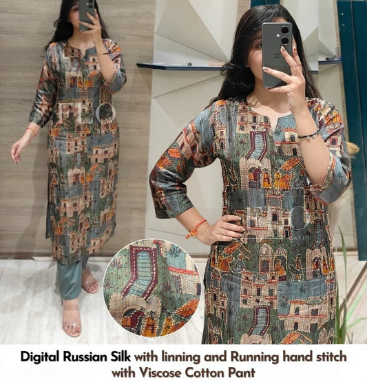 Digital Russian Silk with linning and Running hand stitch with Viscose Cotton Pant (A773)