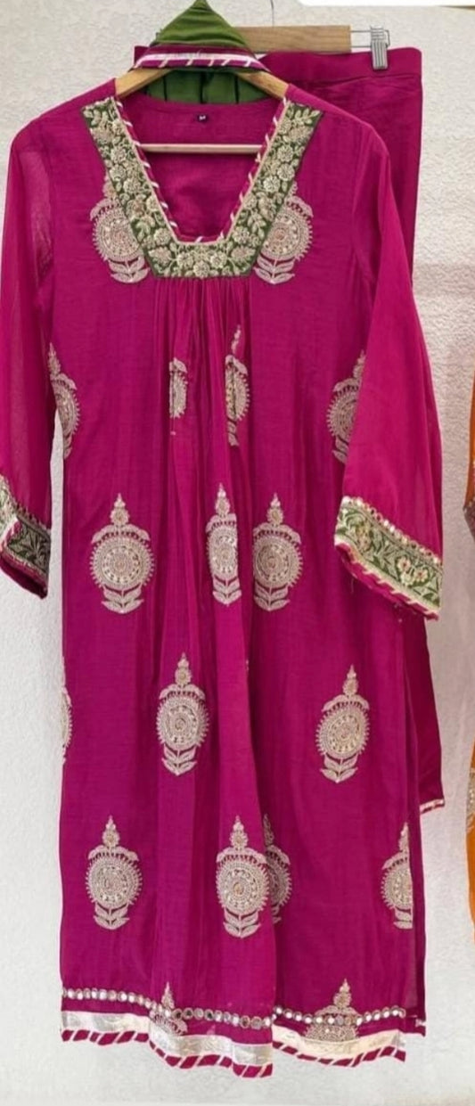 Banarsi pure mul chanderi three piece set (C481)