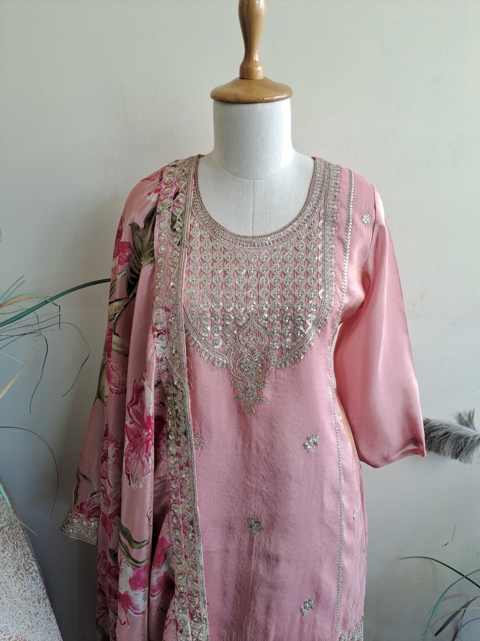 Pink pure silk with lining designer three piece set (A923)