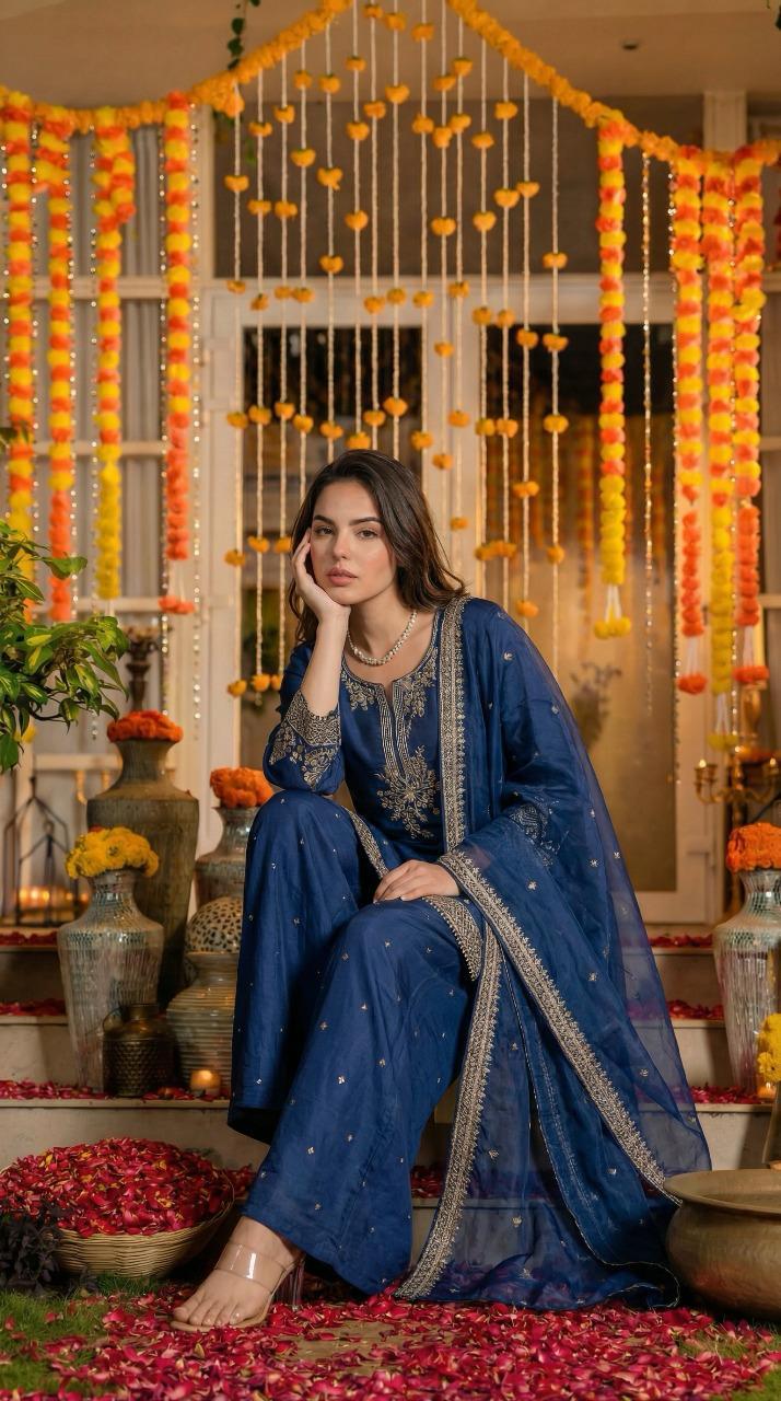 Blue pure silk with lining full jari work three piece set (A1390)