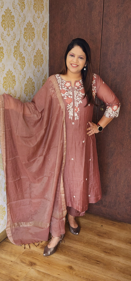 Mauve full hand work with pearl pure mul chanderi three piece set (P896)