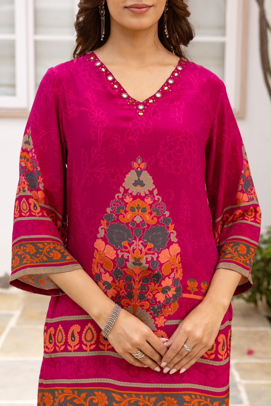Pure crape bright pink with farshi salwar smart two piece cordset (S381)
