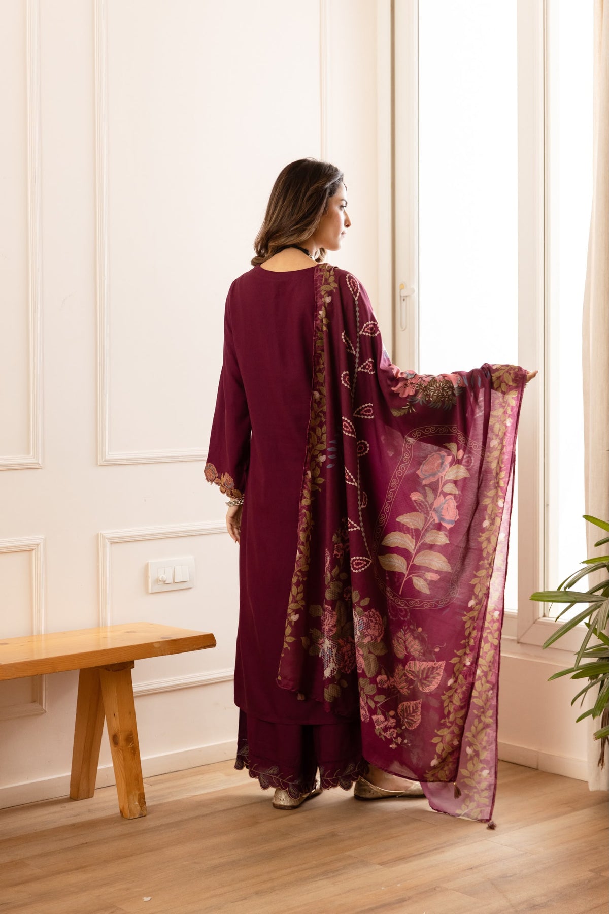 Cotton modal fully embroidered with printed dupatta three piece set (C800)