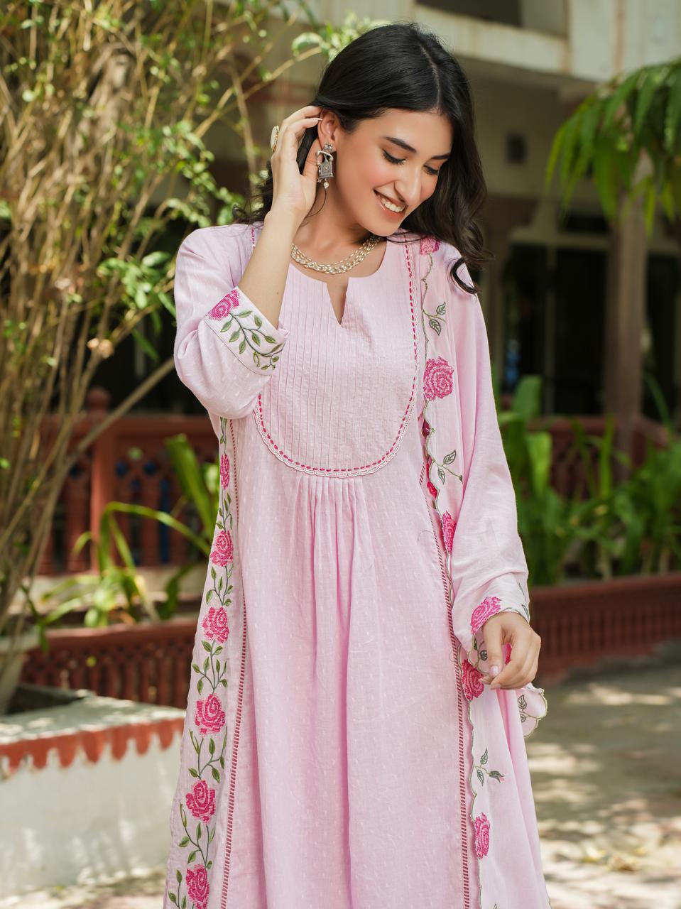 Pink dobby cotton with lining and full thread work three piece set (P663)