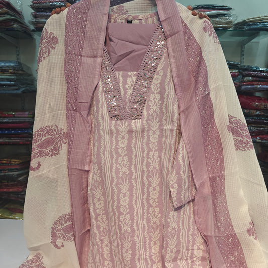 Lilac colour pure cotton with kota dupatta three piece set (P2241)