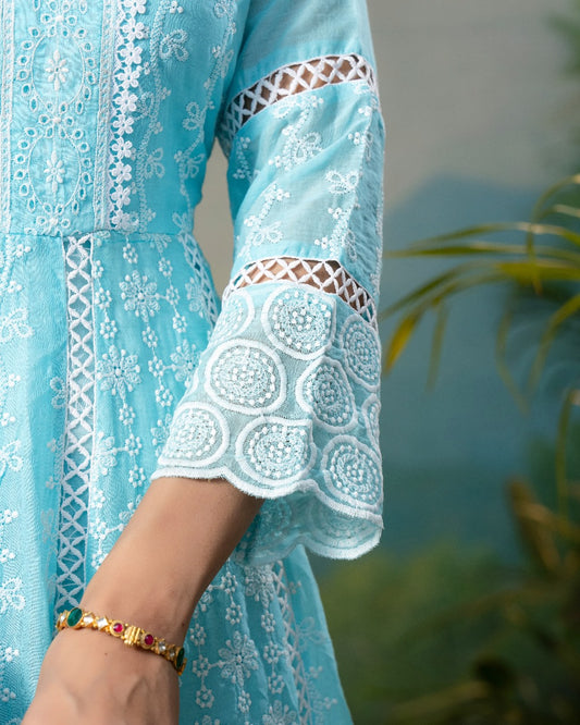 Sky blue pure cotton fully thread work with lining three piece set (P1862)