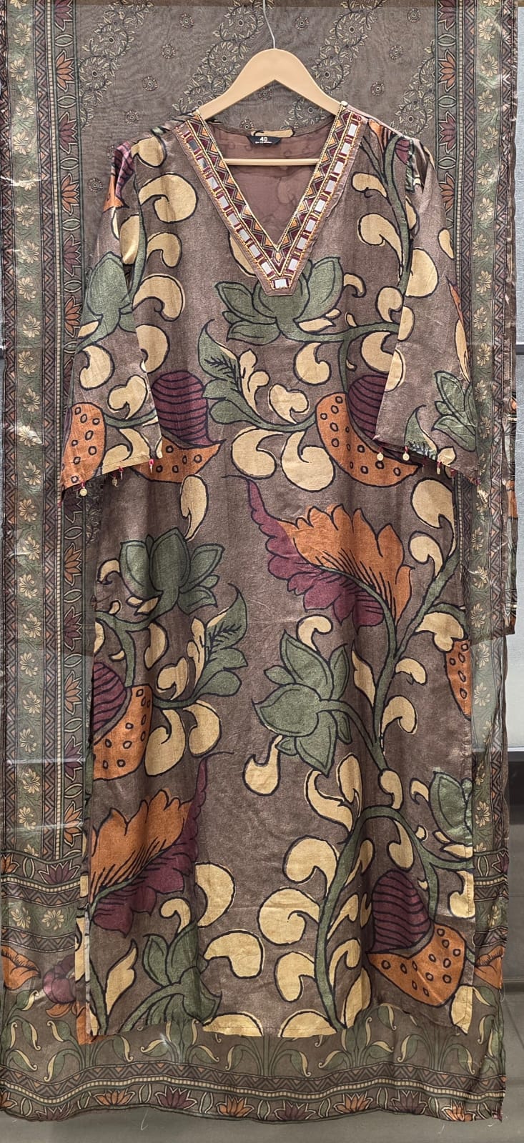 Pure mul silk kalamkari with lining and chinnon dupatta three piece set (C201)