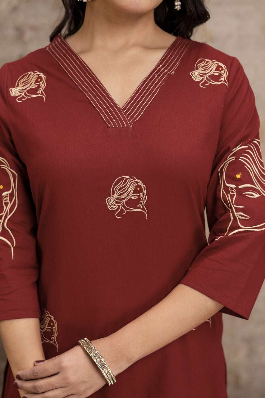 Pure cotton mahroon colour with embroidery three piece set (A1262)