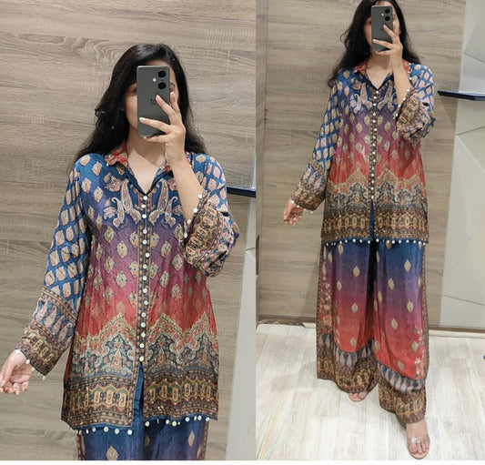 Blue with red pure crape silk two piece (A594)