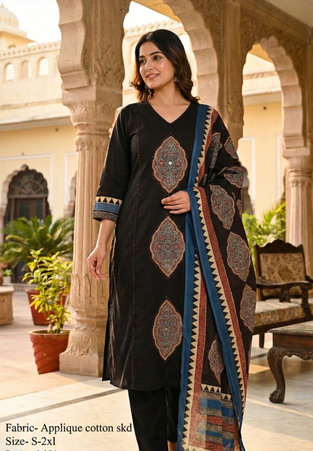Pure cotton with applique work kalamkari dupatta three piece set (B128)