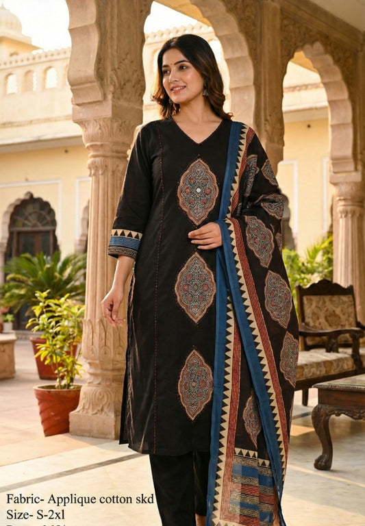 Pure cotton with applique work kalamkari dupatta three piece set (B128)