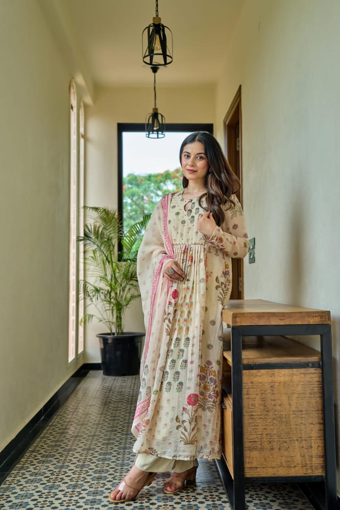 Off white oraganza with banarasi buti designer three piece set (A408)