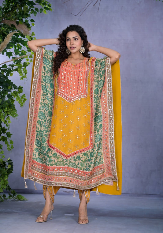 Yellow with green full gota and real mirror work pure tissue kaftan set (P919)