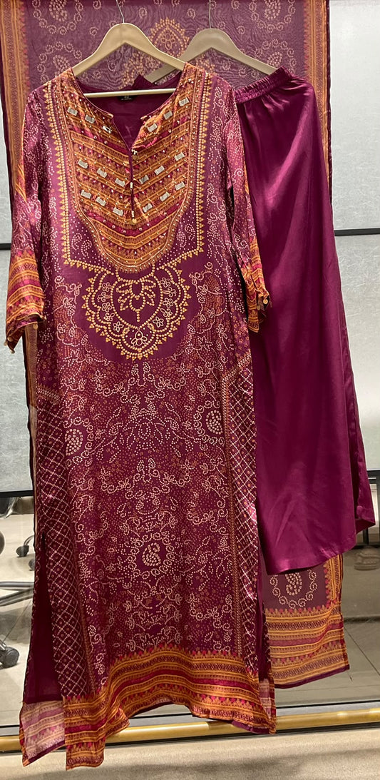 Pure crape with lining pheran pattern three piece set (C789)