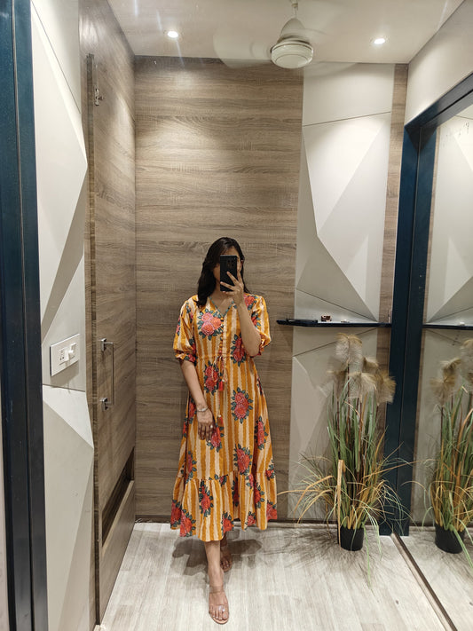 Mustred stripes pure cotton one piece dress (P2377)