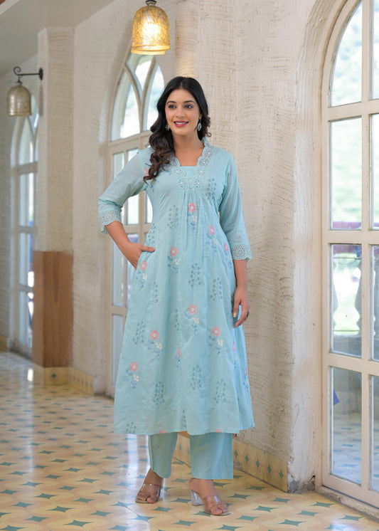 Mul cotton with lining full thread work with both side pockets two piece set (B911)