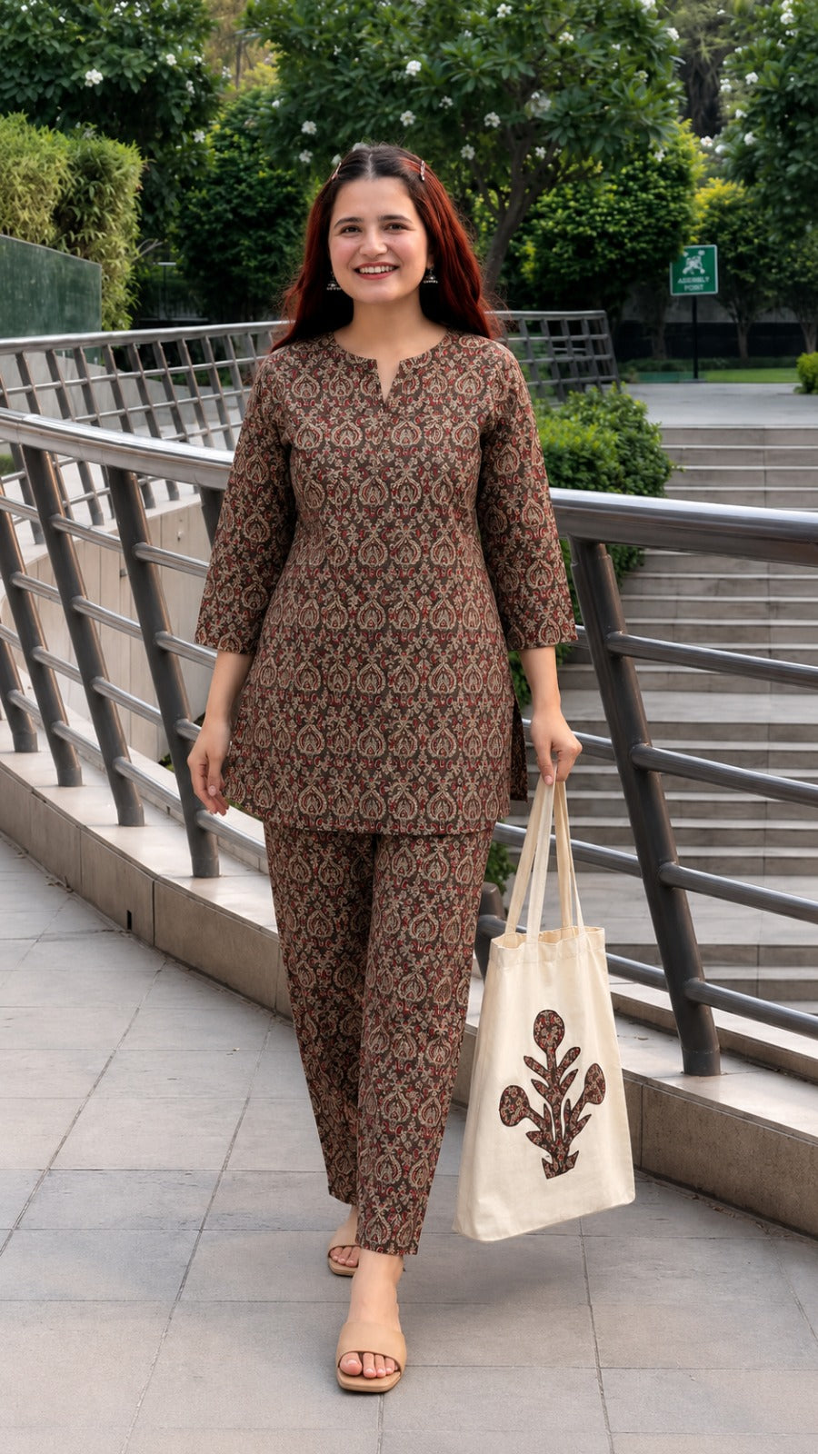 Pure cotton ajrakh print with applique work tote bag smart two piece cordset (S121)