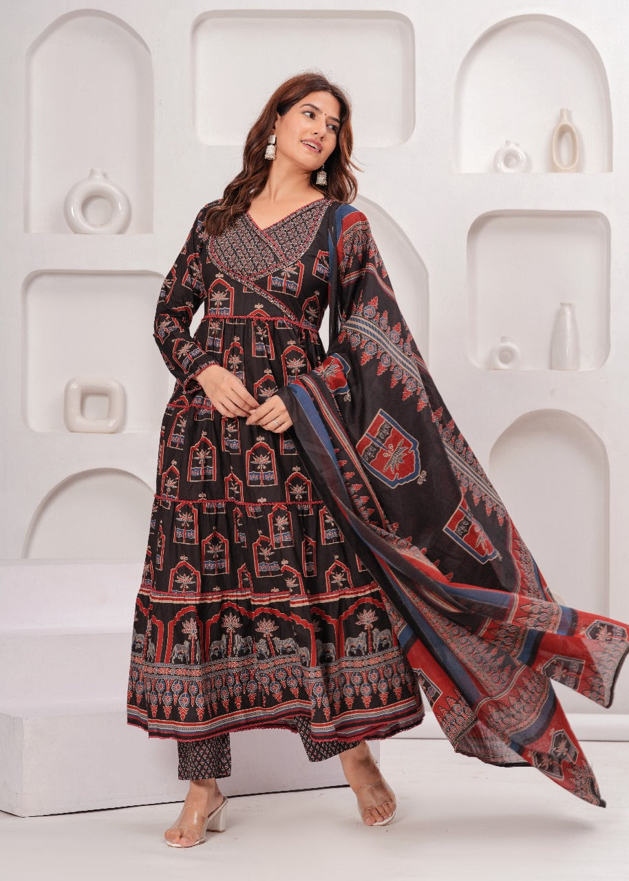 Black pure cotton pichwai print Anarkali three piece set (P545)