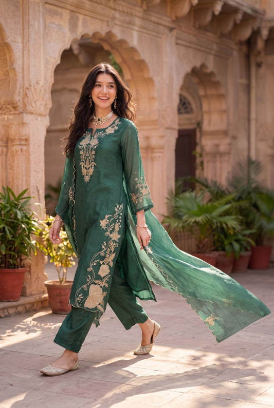 Pure banarasi mul chanderi with full thread work three piece set (S339) (next week dispatch)