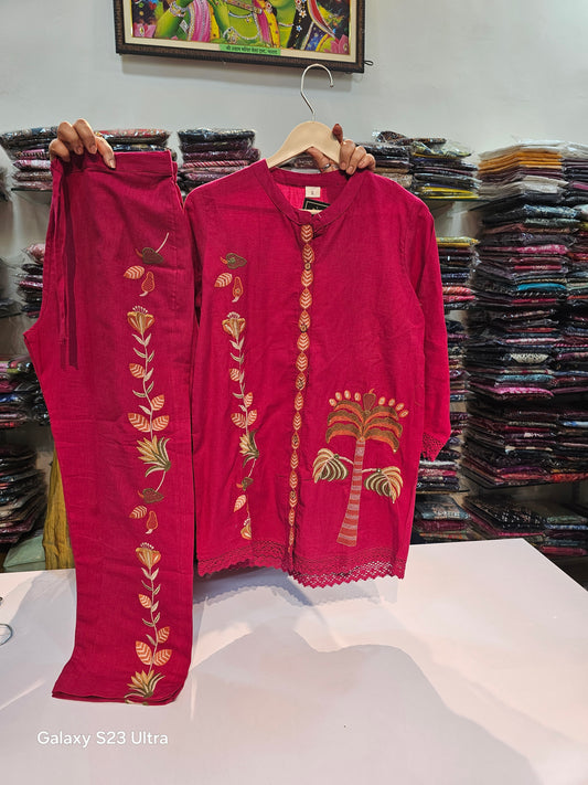 Dark pink handloom cotton with full thread work two piece cordset (P1375)