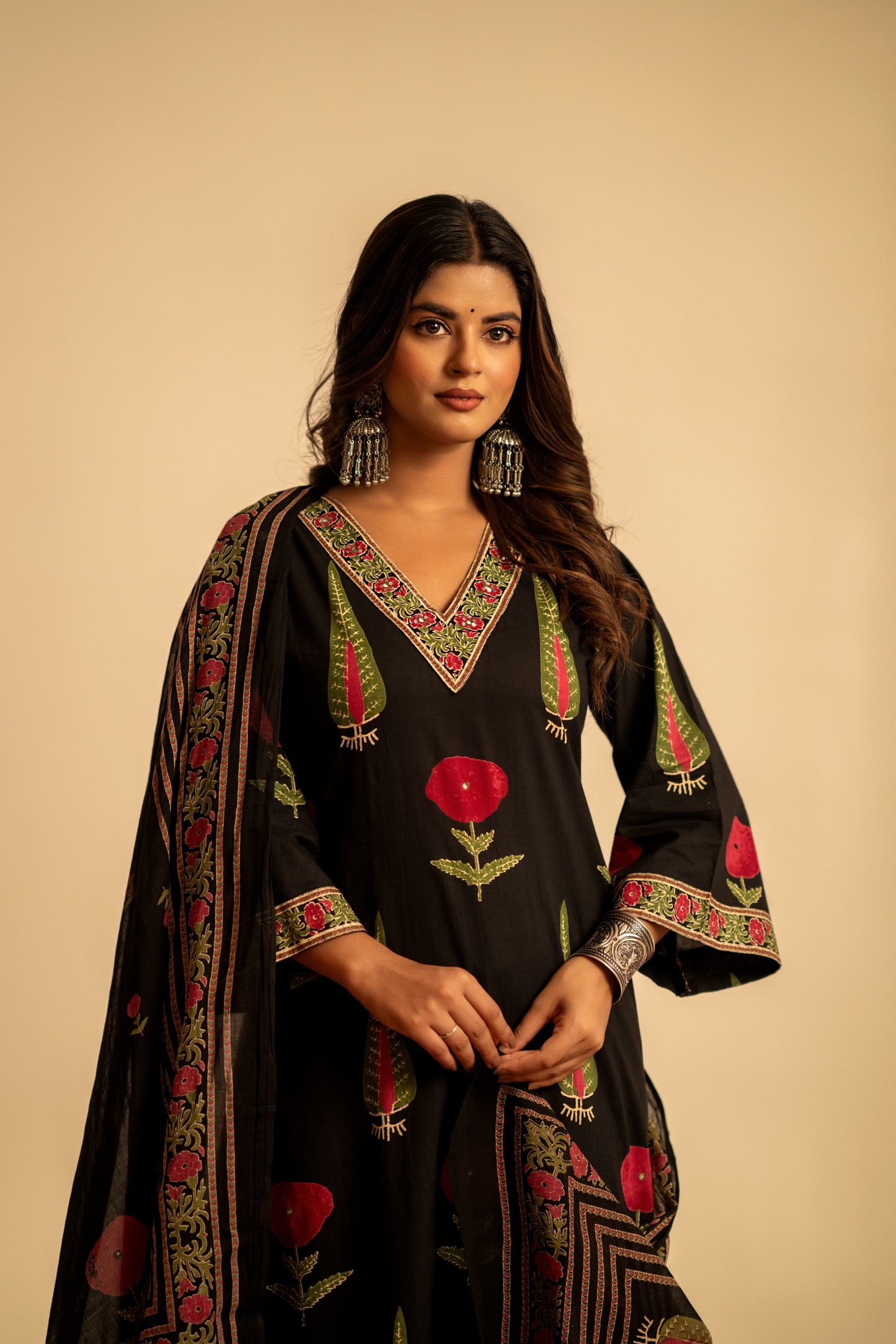 Black pure cotton original block print three piece set (A1037)