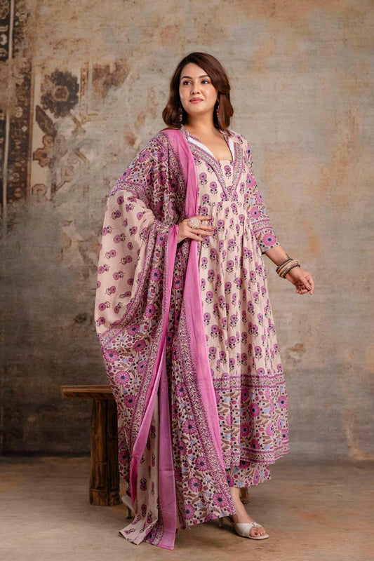 Pink block print three piece set (A1000)