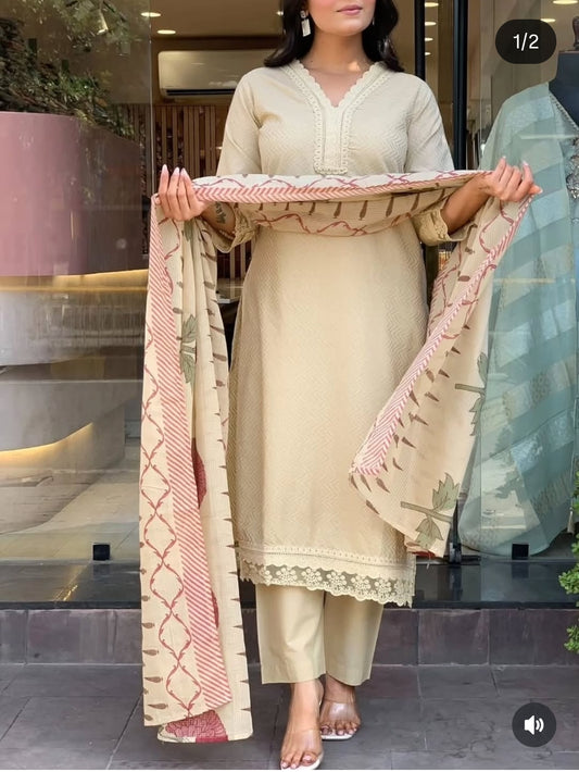 Pure cotton weaved with original block print duptta three piece set (B807)